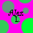 A vibrant pink background with green and gray circles, featuring the text 'Alex' and 'L.' in black script over each circle pattern.