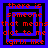 Red pixelated text on black background with blue square outlines, four variations of nested squares and text layout.