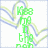 Green pixelated text reading 'KISS ME' vertically with blue and yellow curved lines on white background.