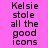 A pink background displays repeated text "Kelsie stole all the good icons" in black pixelated font, with one instance showing a subtle light gradient effect.