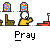 Animated contact sheet of a pixel art character praying in various poses with text bubbles, displayed on gray background.