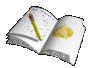 Open book with yellow pencil on left page, visible text and heart symbol on right page; background is solid gray.
