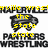 Pixelated black panther head icon with yellow text overlays on a white background, part of a wrestling team promotion.