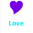 Five pixelated heart icons in purple, cyan text labels 'Love', green, and blue with corresponding words 'Lovie', 'lovest', 'lovey' on white background.
