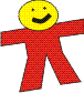 Three pixelated cartoon figures with circular heads and outstretched arms, each in distinct colors: yellow head red body, black head orange body, pink head brown body.