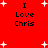 Red background with white starbursts and black text reading "I Love Chris" in two vertical