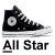 Six pixelated high-top sneakers in black, dark green, navy blue, red, and maroon arranged in two with 'All Star' text below each