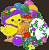 Animated icon shows yellow chick with purple hat holding white egg amid colorful flowers on dark background, right side displays green text 'OriginalIcons.com' on dark green.