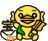 Yellow duck-like character with green vest and orange beak holds two different objects in side-by-side frames.