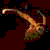 Pixelated static image of a curved object with orange and brown tones against a dark background with scattered colored pixels.