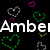 Black background with scattered heart outlines in green, purple, blue, yellow, and gray; white text 'Amber' on left and 'Rox!!!:)' on right.