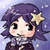 Pixelated character with purple hair and a star accessory against a blue background with white speckles.