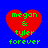 Four identical red heart-shaped icons with green text 'megan & tyler forever' on a blue background, arranged in a