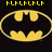 Three yellow Batman symbols on black background with pixelated text above and below.