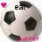 Two side-by-side soccer ball icons with pink heart and text overlays; left shows 'eat', right shows 'sleep' in black pixelated font.
