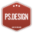 Red shield-shaped icon with white text 'PS DESIGN' centered, three small squares at top, and a horizontal bar at bottom on gray background.