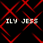 Red geometric patterns overlay black background with repeated white text 'ILY JESS' in pixelated font.