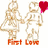 Two pixelated figures in white and beige stand side-by-side holding hands, one with a red heart-shaped balloon; text below reads 'First Love' in orange-red letters.