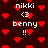 Pixel art with red hearts on dark background, displaying 'nikki <3 benny !!' text in white pixel font across multiple repeated instances.