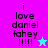 Pixelated text reads 'i love daniel fahey !!!!!' with a star symbol on a split background of bright pink and cyan, transitioning to purple and cyan.