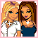 Pixel art buddy icon featuring two cartoon women standing side-by-side with a pink background and black text panel on the right.