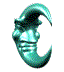 A teal crescent moon with a human face in profile, displayed in a of static views showing different angles and expressions