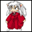 Pixel art contact sheet showing two frames of an animated Inu Yasha character in red robe and silver hair, first standing upright with neutral expression then falling backward with star effect.