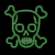 Two pixelated skull and crossbones icons side-by-side on black background, left in pale green outline, right in bright glowing green fill.