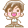 A 4-frame pixel art contact sheet showing a cartoon boy character with brown hair, pink cheeks, and a white shirt in various poses and expressions against a gray background.
