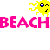 Pixel art contact sheet showing a beach-themed animated icon with multiple frames of a blonde woman in pink bikini, yellow sun mascots, and 'BEACH BABE' text.
