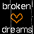 A 4x4 contact sheet of animated frames showing a sequence where heart icons change color while text alternates between 'broken' and 'dreams' on a black background with gray transparency.