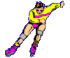 Two identical cartoon skaters in yellow shirts with pink stripes, purple shorts, and rollerblades pose dynamically against a gray background.