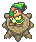 Pixel art character with green hat and yellow-green tunic sits on brown gear-like base, showing animation changes in head position and musical note above.