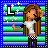 Pixel art of a girl with long brown hair, white crop top, black pants, and checkered belt, standing against striped background with white stars and a letter L.