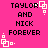 Pixelated text 'TAYLOR AND NICK FOREVER' on bright pink background with white square-and-dot corner decorations.