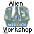 Pixelated icon with 'Alien' text above and 'Workshop' text below a central abstract green-and-blue shape on gray background.