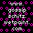 Black background with pink circular patterns and white text reading 'www.gossip.schitz.wetpaint.com' in pixelated font.