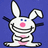 Pixelated white rabbit with blue eyes, pink nose and mouth, black stripes on body, arms raised against dark blue background; green text 'yeah', 'im kool', 'deal wit it' on bright purple background.