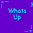 Pixelated blue text 'Whats Up' on purple background with scattered star and dot patterns.