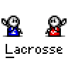 Animated contact sheet of 14 frames showing a pixelated stick figure alternating between blue and red outfits while holding a yellow lacrosse stick, with "Lacrosse" text beneath each frame on gray background.