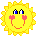 Six yellow sun-shaped icons with pixelated faces showing varied expressions and accessories on a gray background.
