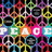 A static image of a repeating pattern featuring peace symbols and the word "PEACE" in bright, multicolored letters on a black background.