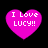 Four pink heart-shaped icons with white text "I Love LUCY!!" on a black background, arranged in a