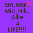 Purple background with dark brown text reading 'Em, Mar', 'Mic, Nik,', 'Allie', '4', and 'LIFE!!!!' in pixelated font; a pink heart icon appears above the first line on the left side.