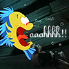 Pixelated yellow fish with blue fins and tail, mouth wide open in a scream, white eyes with red pupils, dark green rocky background with bubbles, 'aaahhh!!' text in white pixel font.