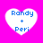 Four white heart-shaped icons with blue text "Randy + Peri" on a bright pink background, each showing slight pixel variations across frames.