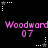 Pixelated pink text 'Woodward 07' repeated across black background with white and gray star-shaped cursor icons in various positions.