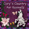 Purple background with 'Cary's Country Air Kennelz' text above a Dalmatian dog, flower, and butterflies in two animated states.