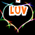 six heart-shaped icons with glowing multicolored outlines, each containing orange text on a black background