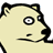 Pixelated cartoon dog face with light beige fur, black ears and nose, wide eyes showing white sclera and gray pupils, mouth in a flat line expression.